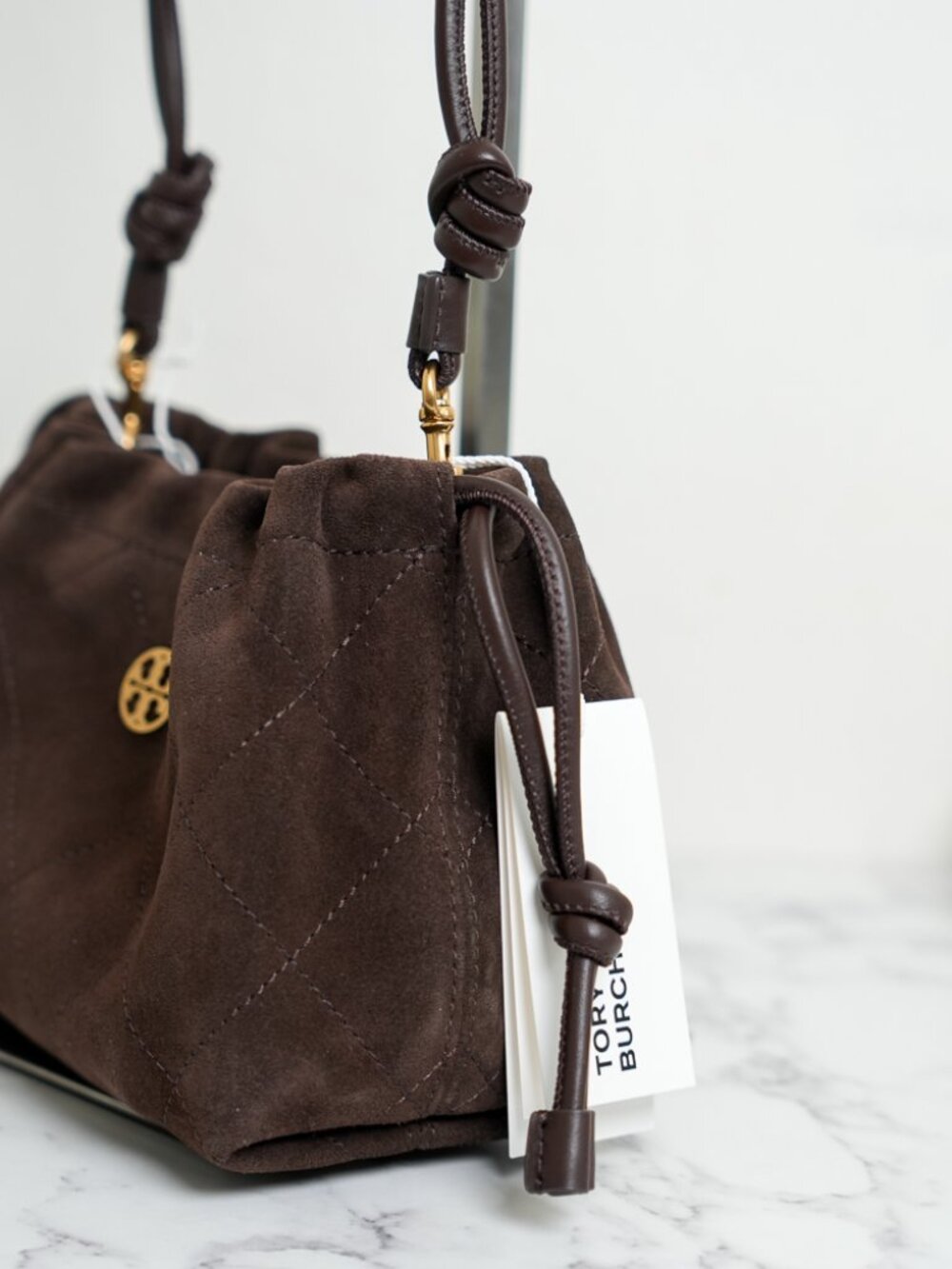 Tory Burch Willa Suede Small Drawstring Shoulder Crossbody Bag In Dark Cocoa NWT - Picture 6 of 11